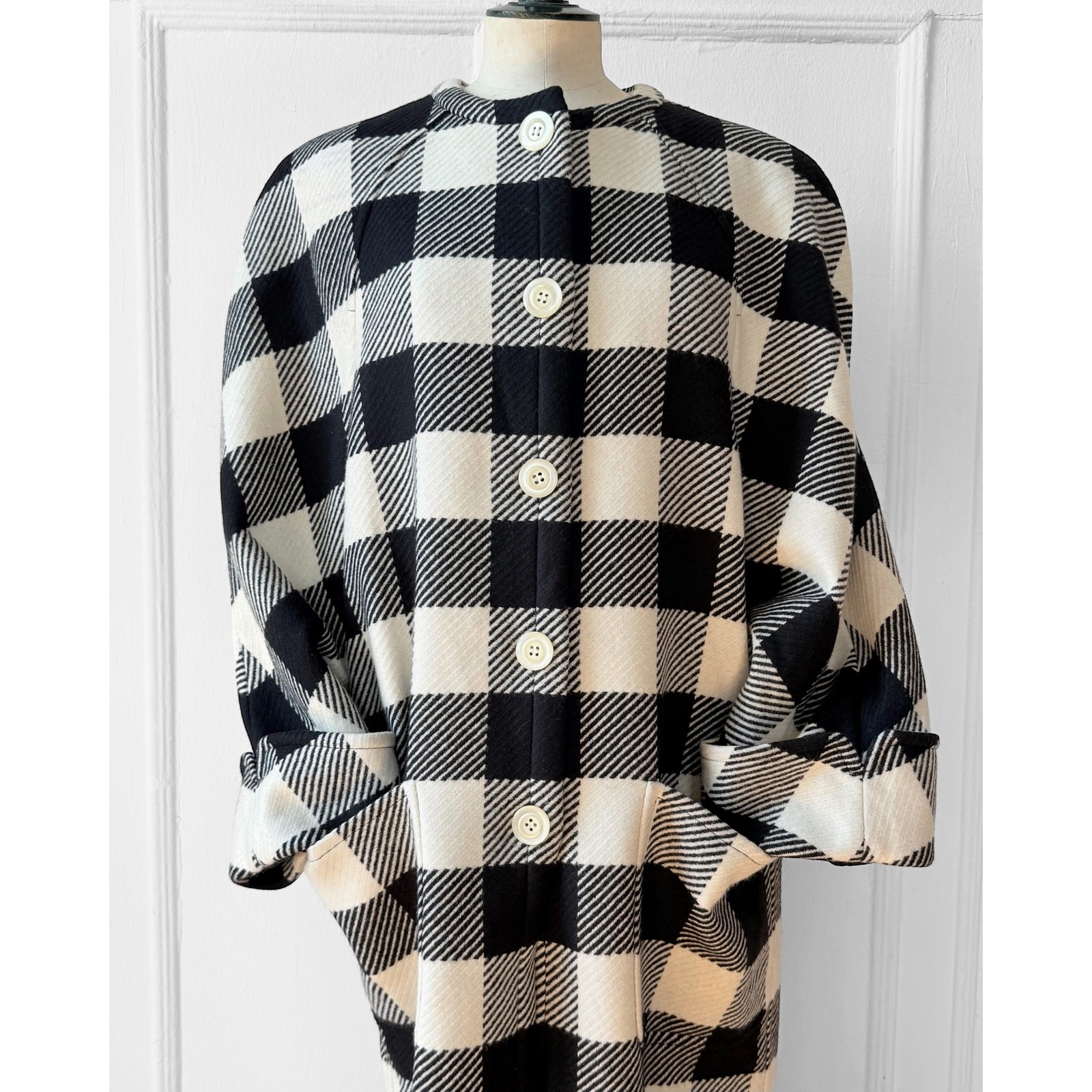 80s Valentino Swing Coat Black & White Check Oversized Shoulder Pads Power Suit