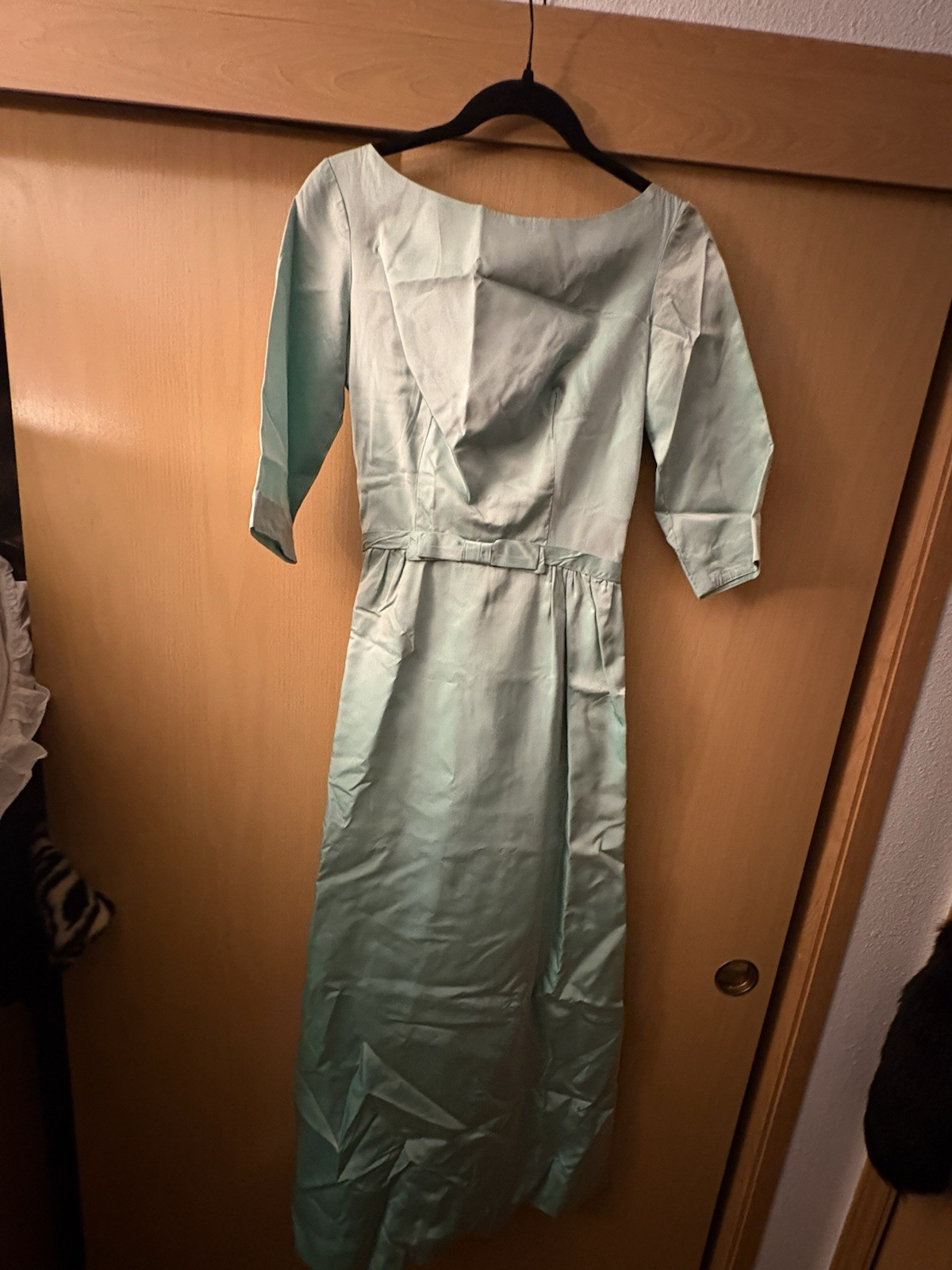 1960s Iridescent Turquoise Green Silk Taffeta Blend Formal Evening Gown.