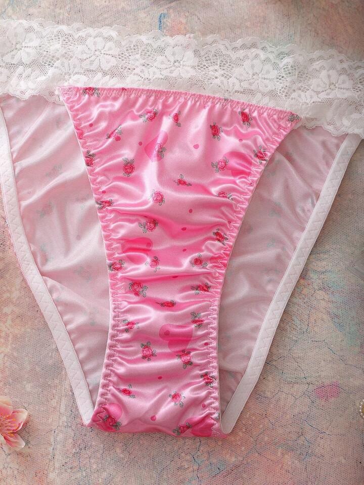 Glossy Pink Floral 2nd Skin Satin Lace Waistband Hi-Cut Rio Panties XL NEW