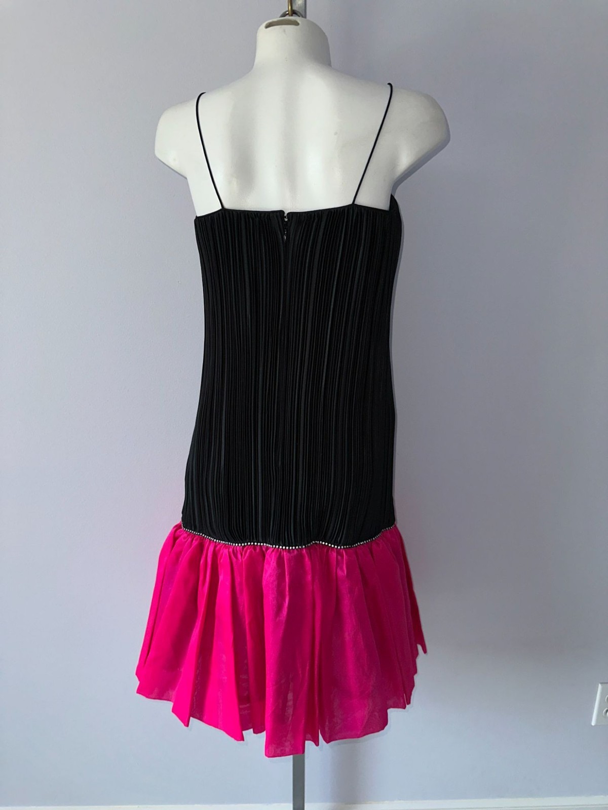 Vintage 80s Maximalist Hot Pink Black Micro Pleat Drop Waist Cocktail Dress Sz 8