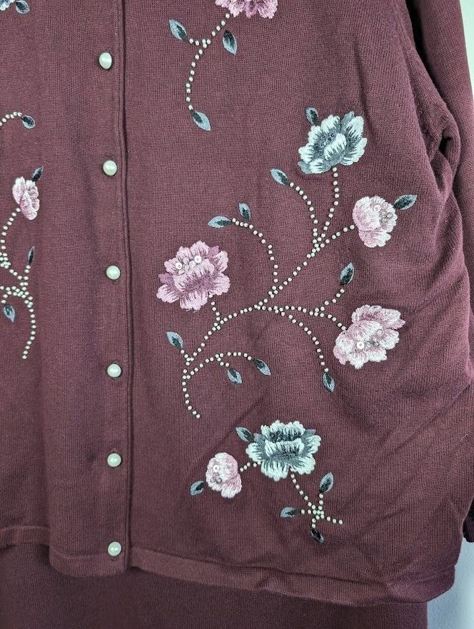 VTG 2 Piece Sweater Dress Size 18 20 Cottagecore Floral Whimsigoth Embroidered