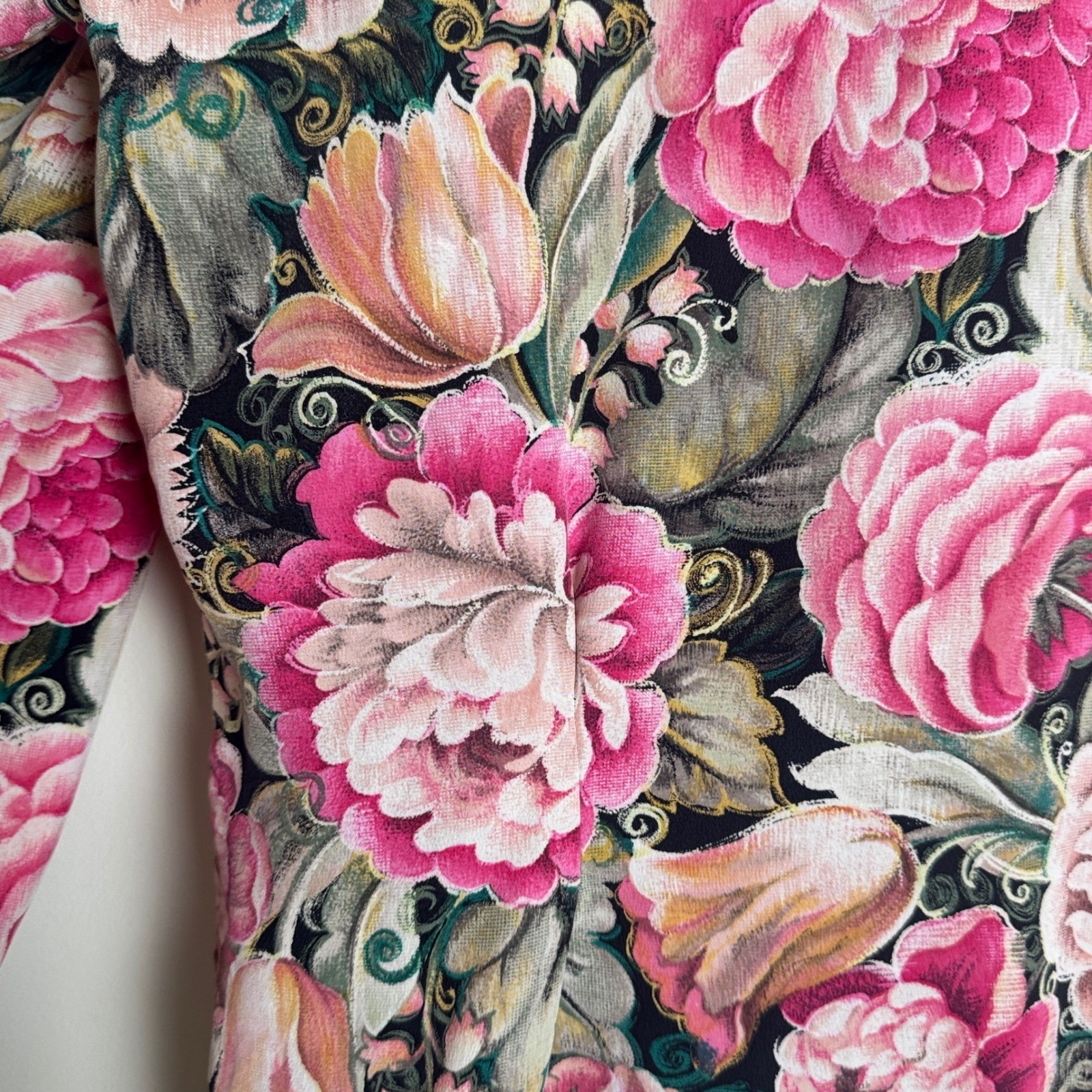 Dana Buchman 100% Silk Floral Blouse Pink Green Black Vintage 90s Size 14