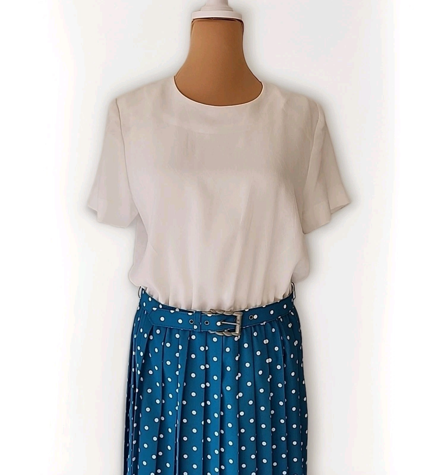 Vintage 80s Leslie Fay Petite Women’s Secretary Pleated Midi Dress Polka Dot 10