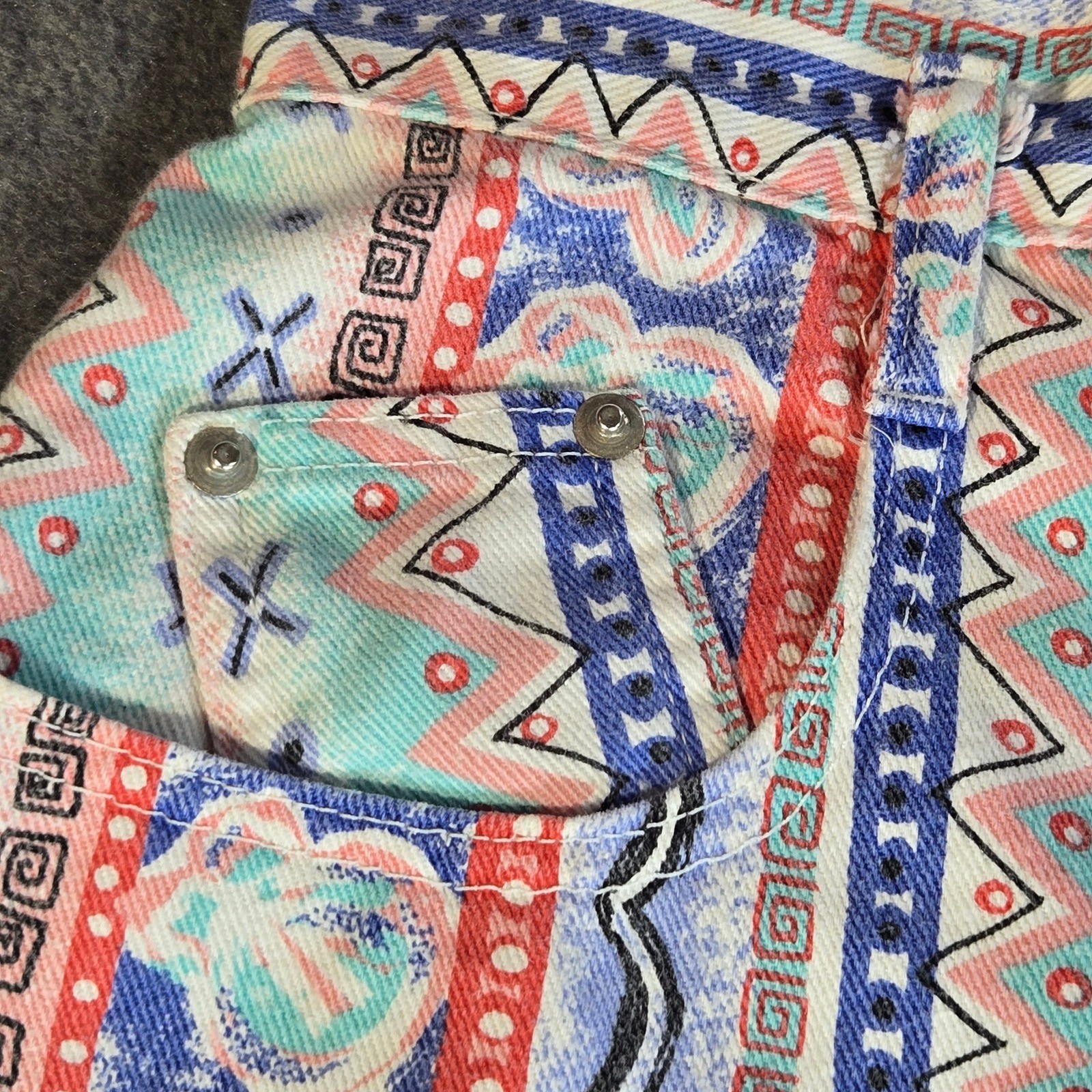 Vintage Mixed Blues 90s High Waist Tribal Print Denim Shorts Sz 5 Made in USA