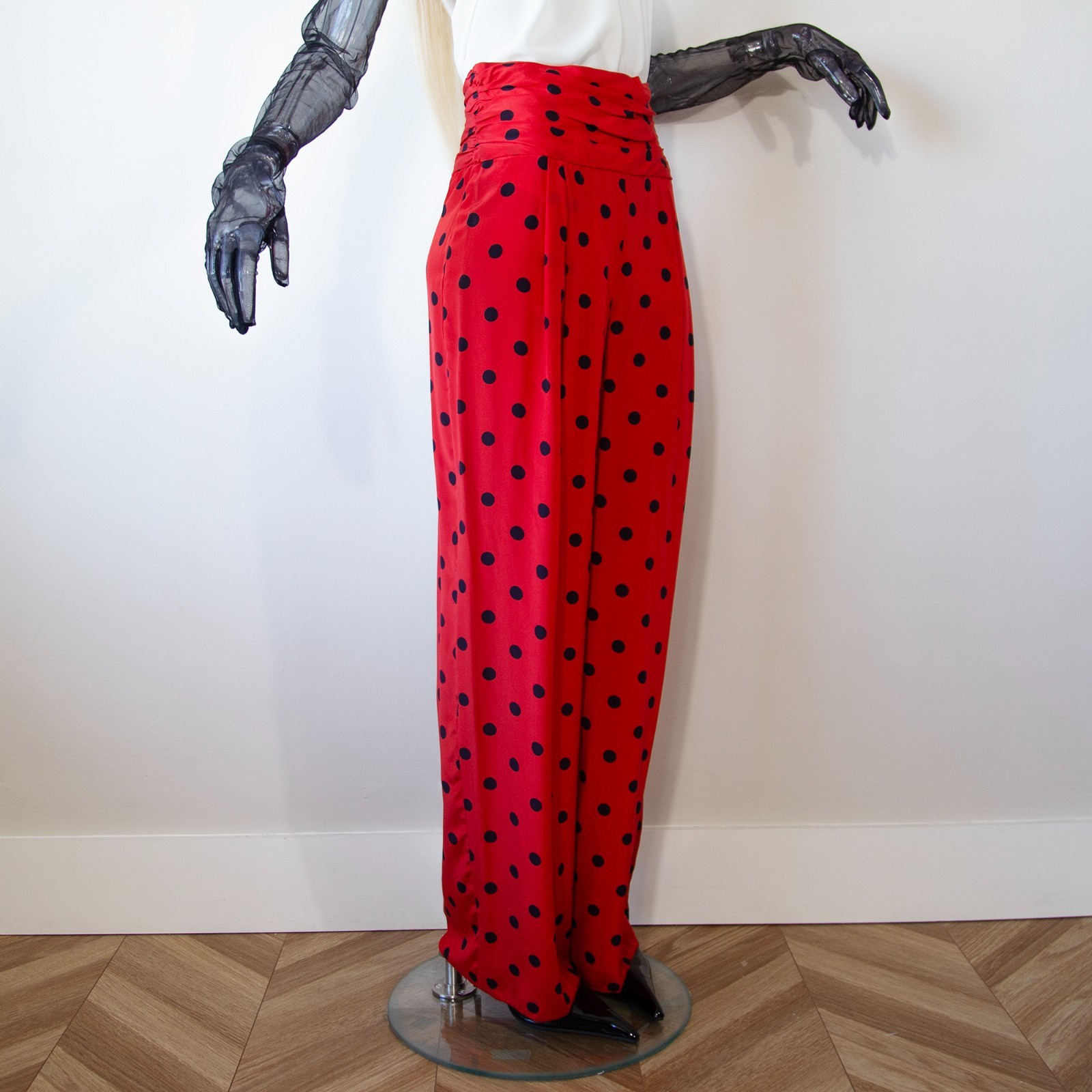 Vintage Dior Red Silk Black Polka Dot Wide Trousers NWT UK 8-10/US 4-6