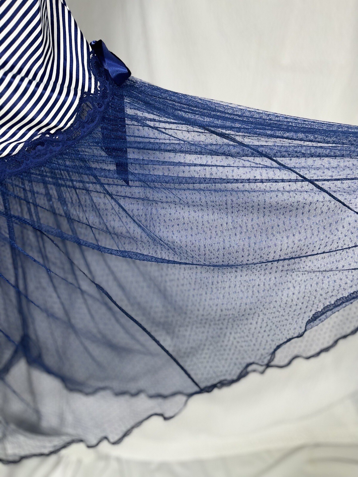 Vtg KEYLOUN Slip Flapper Dress Nightgown Drop Waist Net Mesh Skirt Navy Blue L