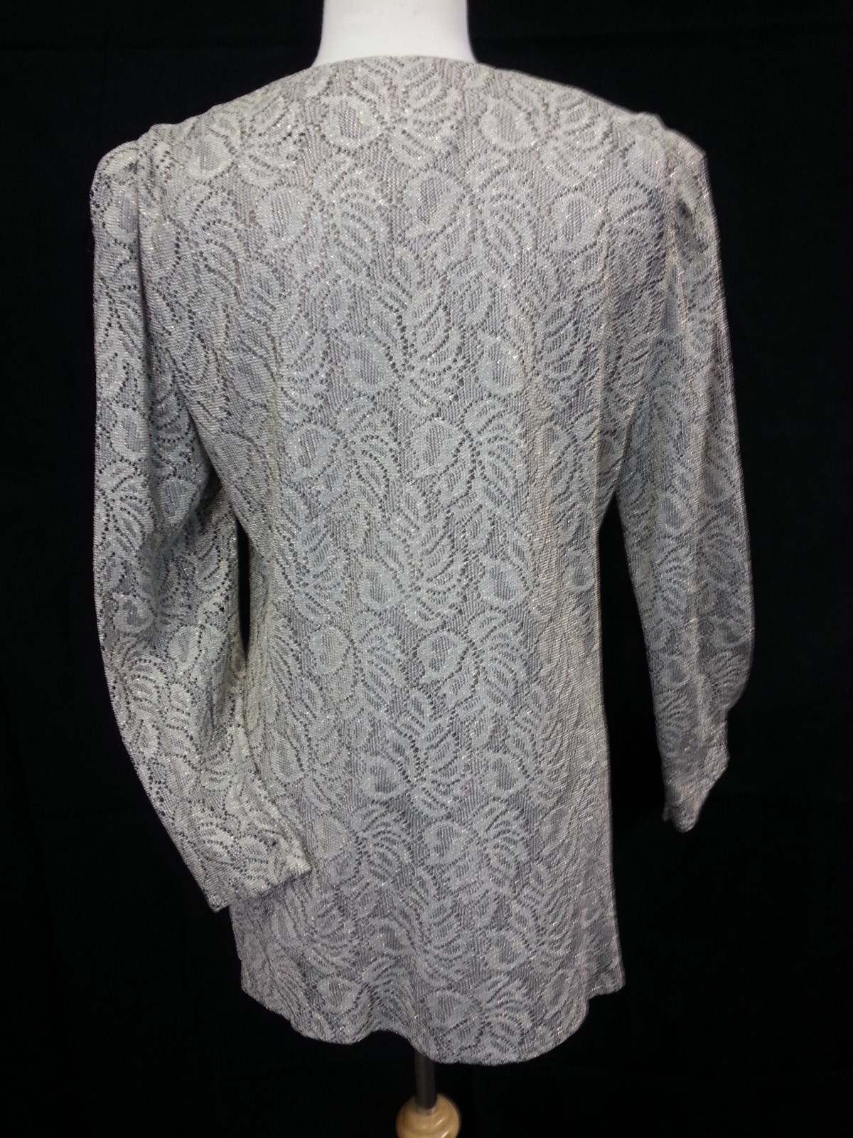 VTG 80s Karen Miller Jacket Top Formal Crochet Gray-Silver Metallic Gold Disco L