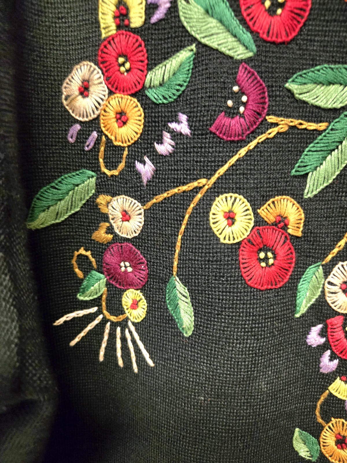 Vintage Floral Hand Embroidered Wool Blend Cardigan Sweater Boho Granny Core L