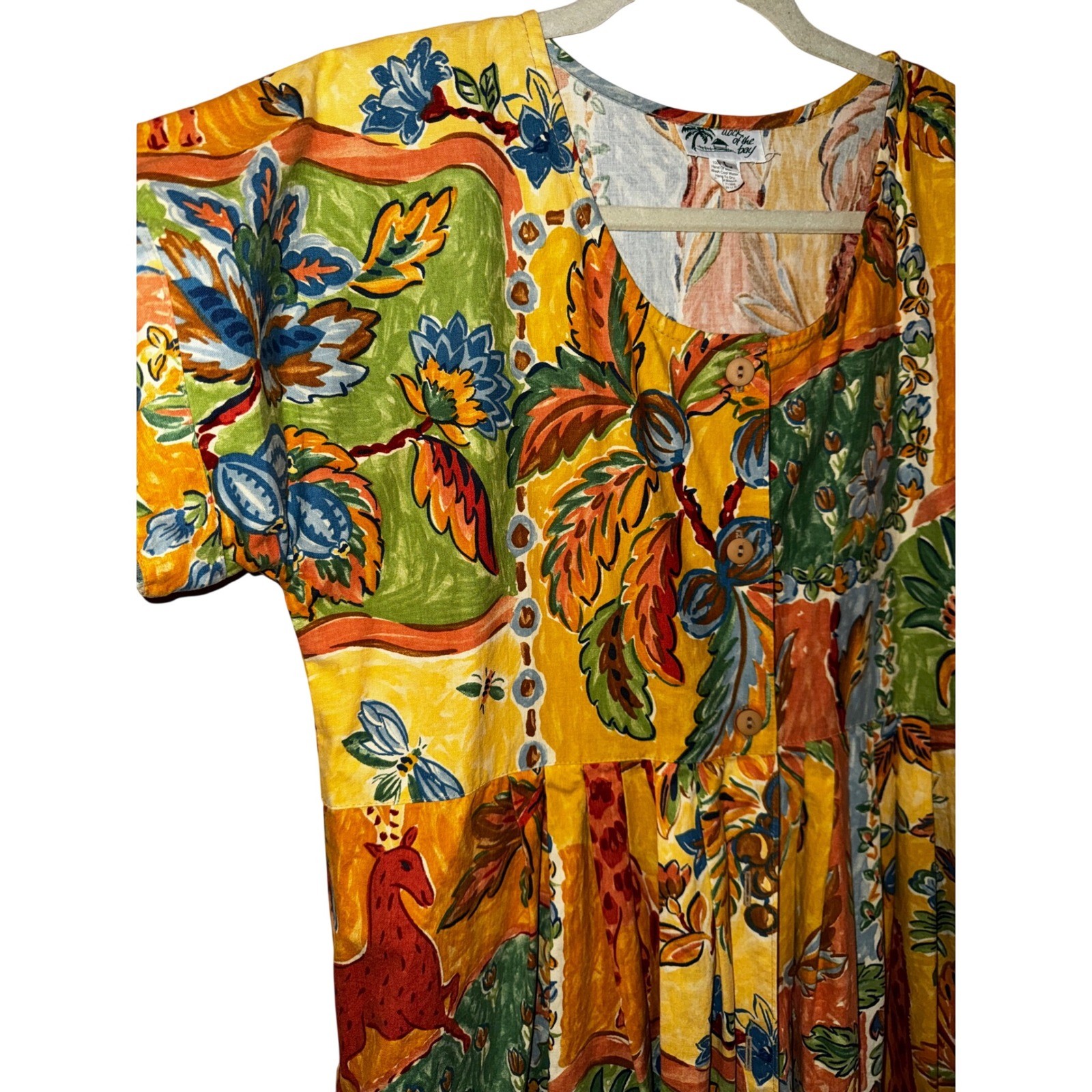 Vintage Walk of the Bay Safari Giraffe Print Cotton Midi Dress Yellow Large USA