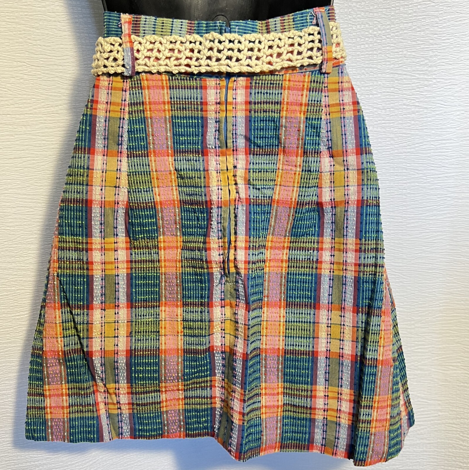 1970s Vtg 2pc Skirt Suit S Multicolored Nubby Plaid Short Sleeve Miss Pat w Belt