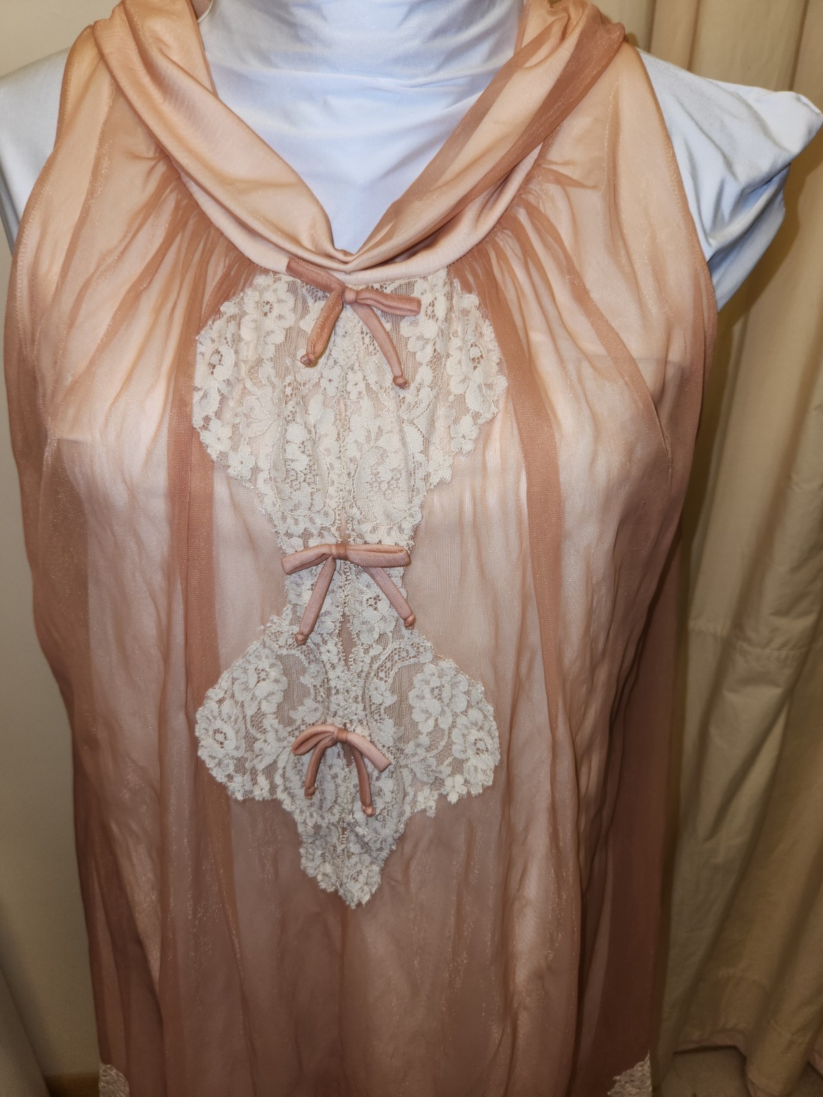 Vntg60s Sheer Nylon&Lace Jenelle of California Peignoir Nightgown*Dusty Rose*Med