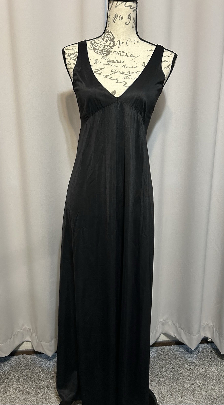 Vintage Long Black Nightgown Slip Dress Plunging Neckline Nylon Vamp