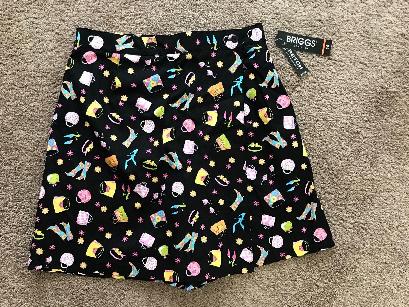 Vintage Briggs NY Womens Stretch Skirt/Skort Sz 16 Black Purse Shoes Print