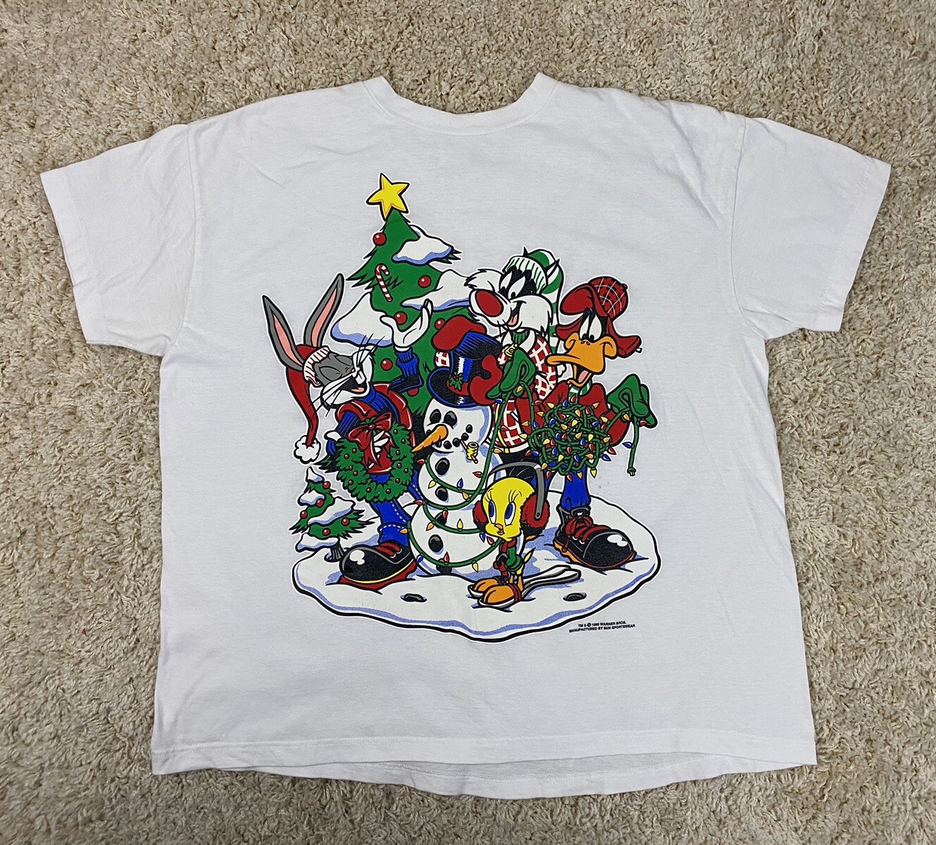 VINTAGE LOONEY TUNES CHRISTMAS T SHIRT XL 1995 90S BUGS BUNNY DAFFY SYLVESTER