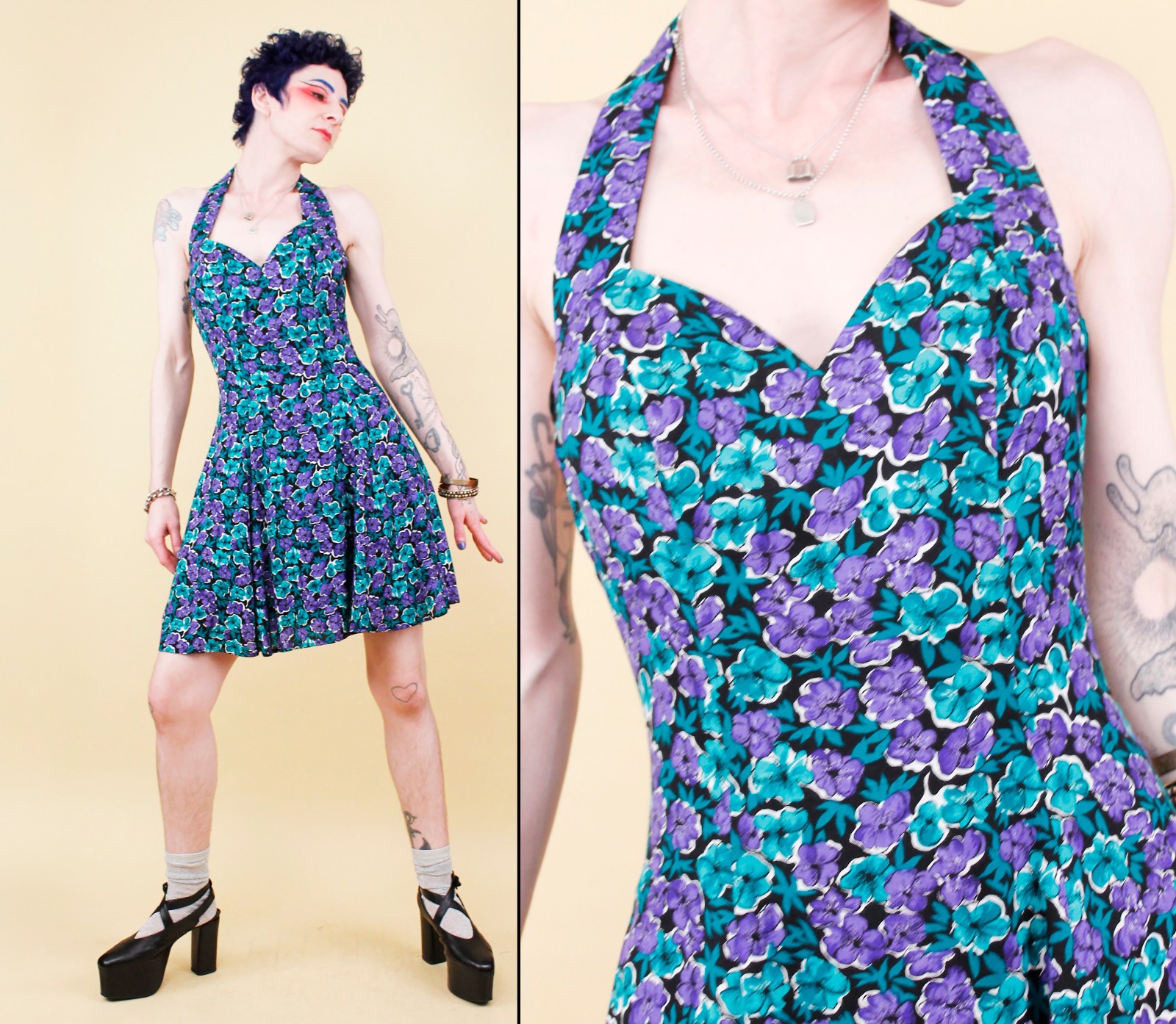 80s 90s Vtg RAMPAGE Floral Halter Mini Dress Corset Boning Full Skirt Xs B32