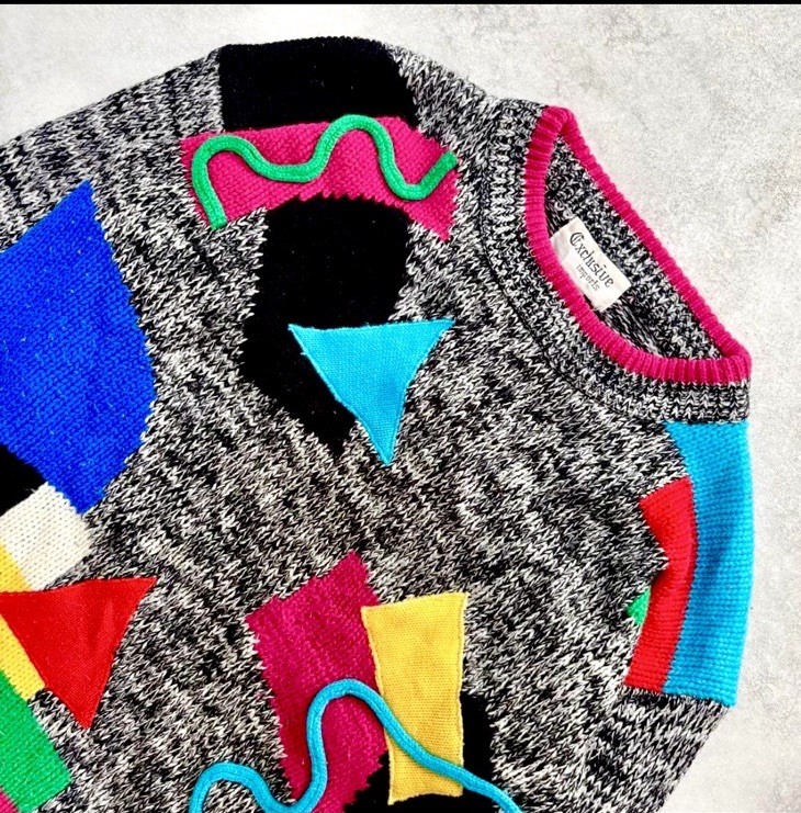 vtg colorful abstract sweater Memphis Design Movement 80s 90s Jamie Scott Size L