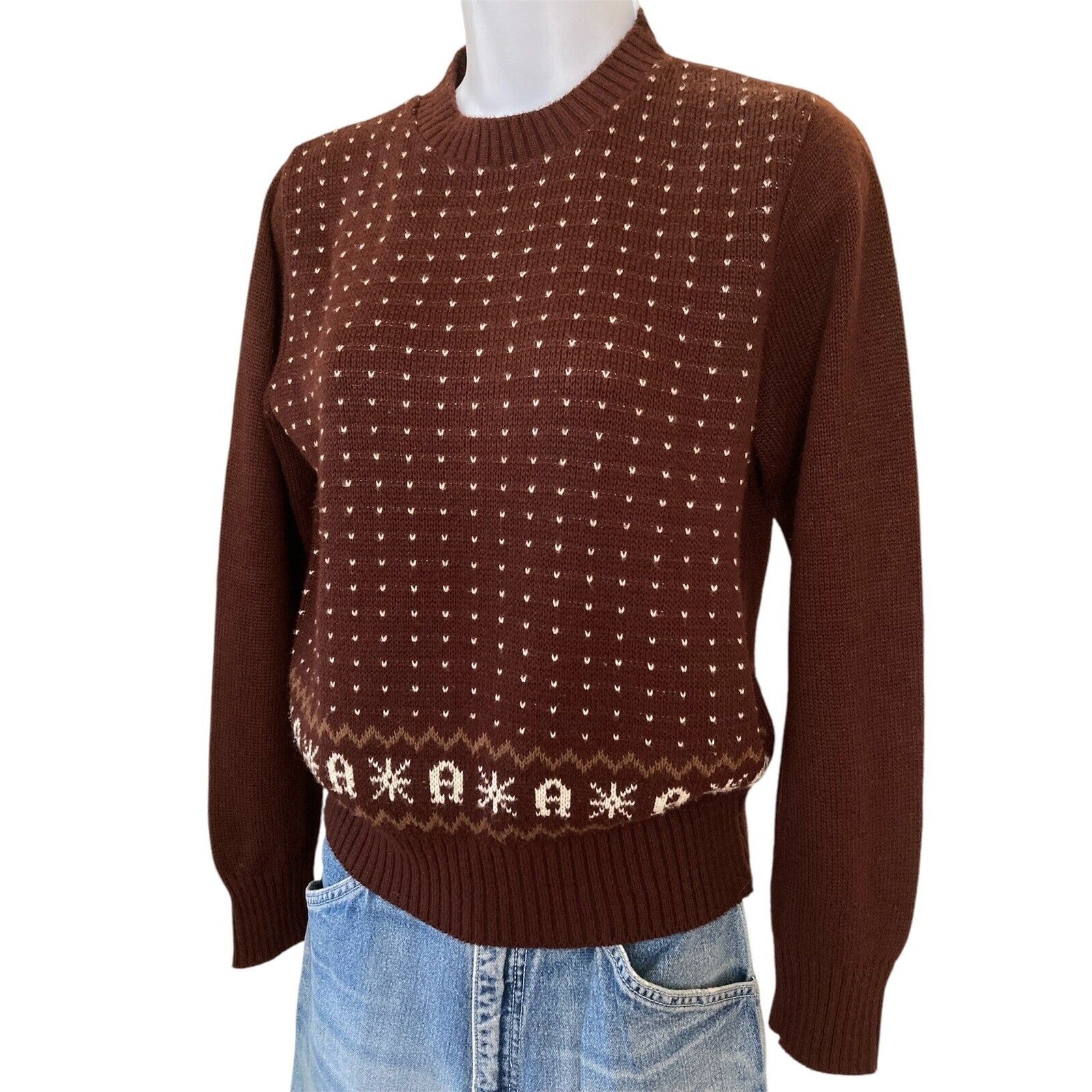 Vintage 70s 80s Etienne Aiger Brown Logo Boho Preppy Cottage Sweater Size S