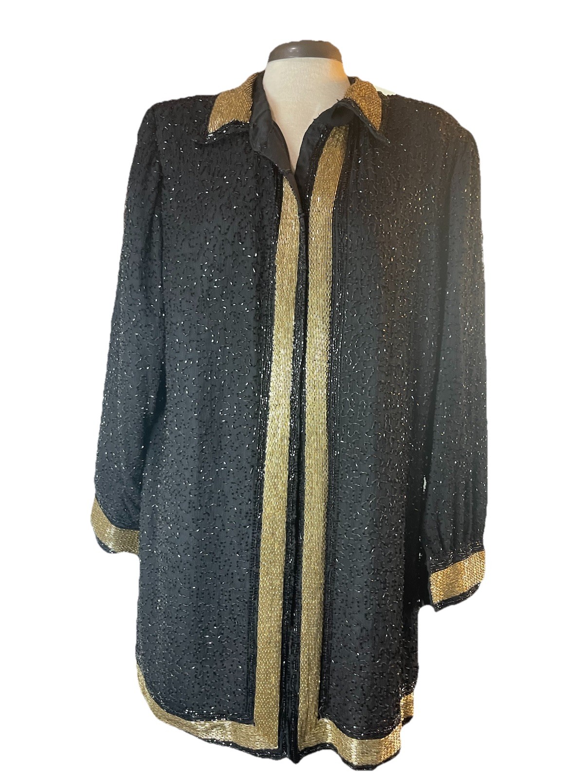 Jewel Queen 100% Pure Silk VTG NWT Black Stood Sequins Open Front Jacket XL