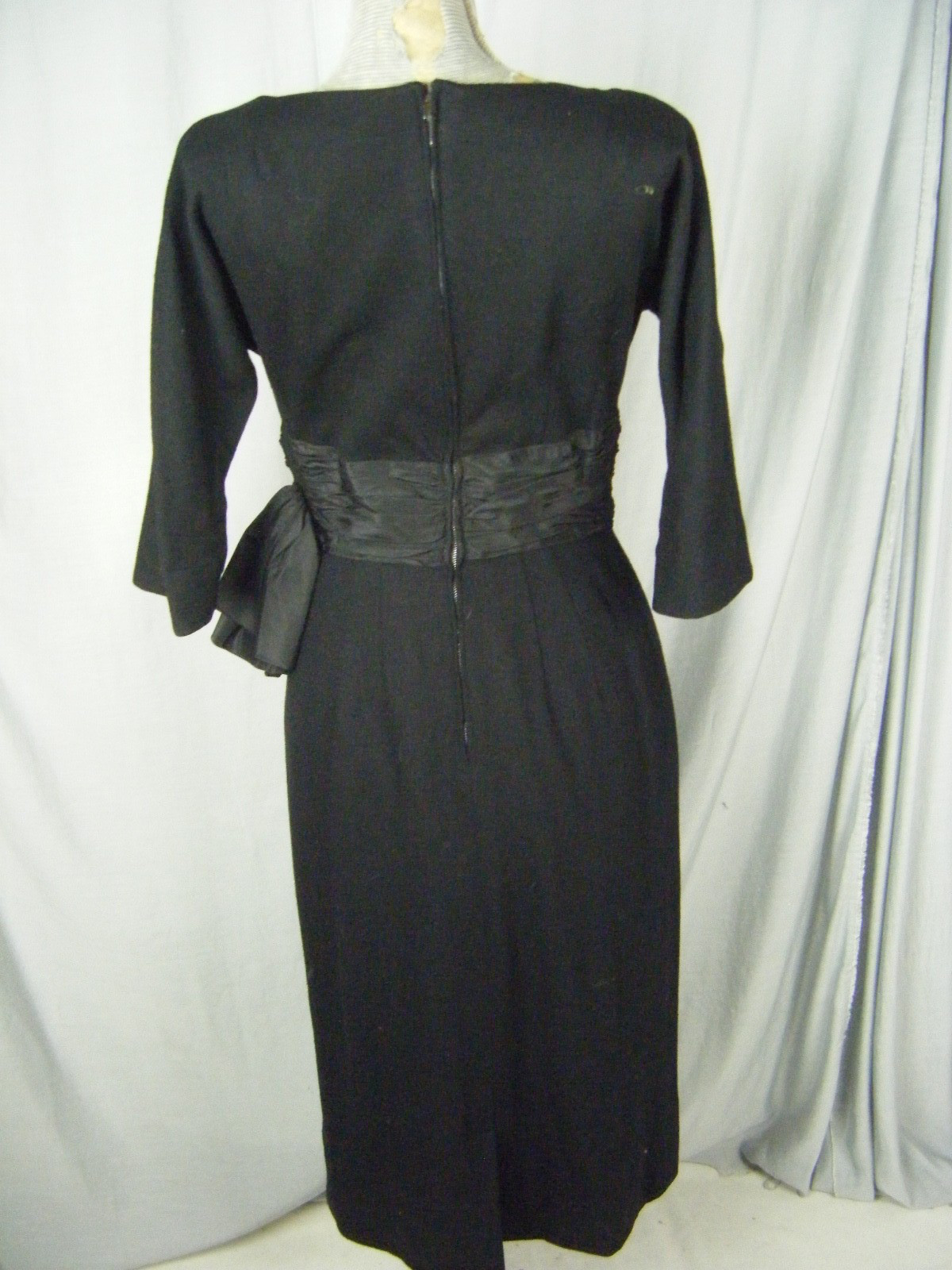 TAILORED JUNIORS Vtg 60s Black Woven Crepe Gathered Bow Dress-Bust 36/XS