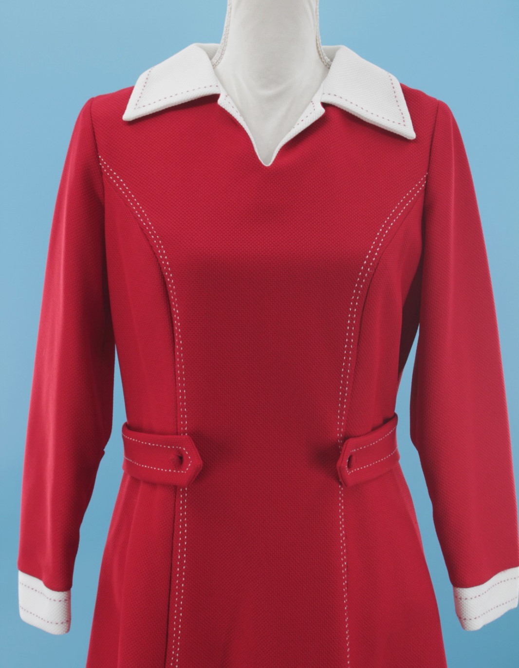 VTG Womens 60s Dark Red Long Sleeve Mini Dress W/ White Collar & Cuffs S/M 1960s