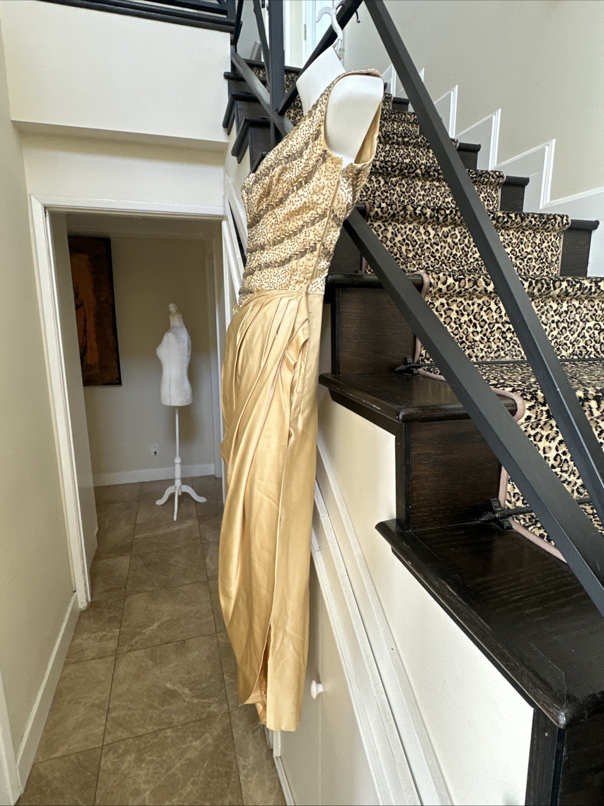 Ceil Chapman 50s Patented Champagne Gold Satin & Beaded Bustier Sarong Gown XS