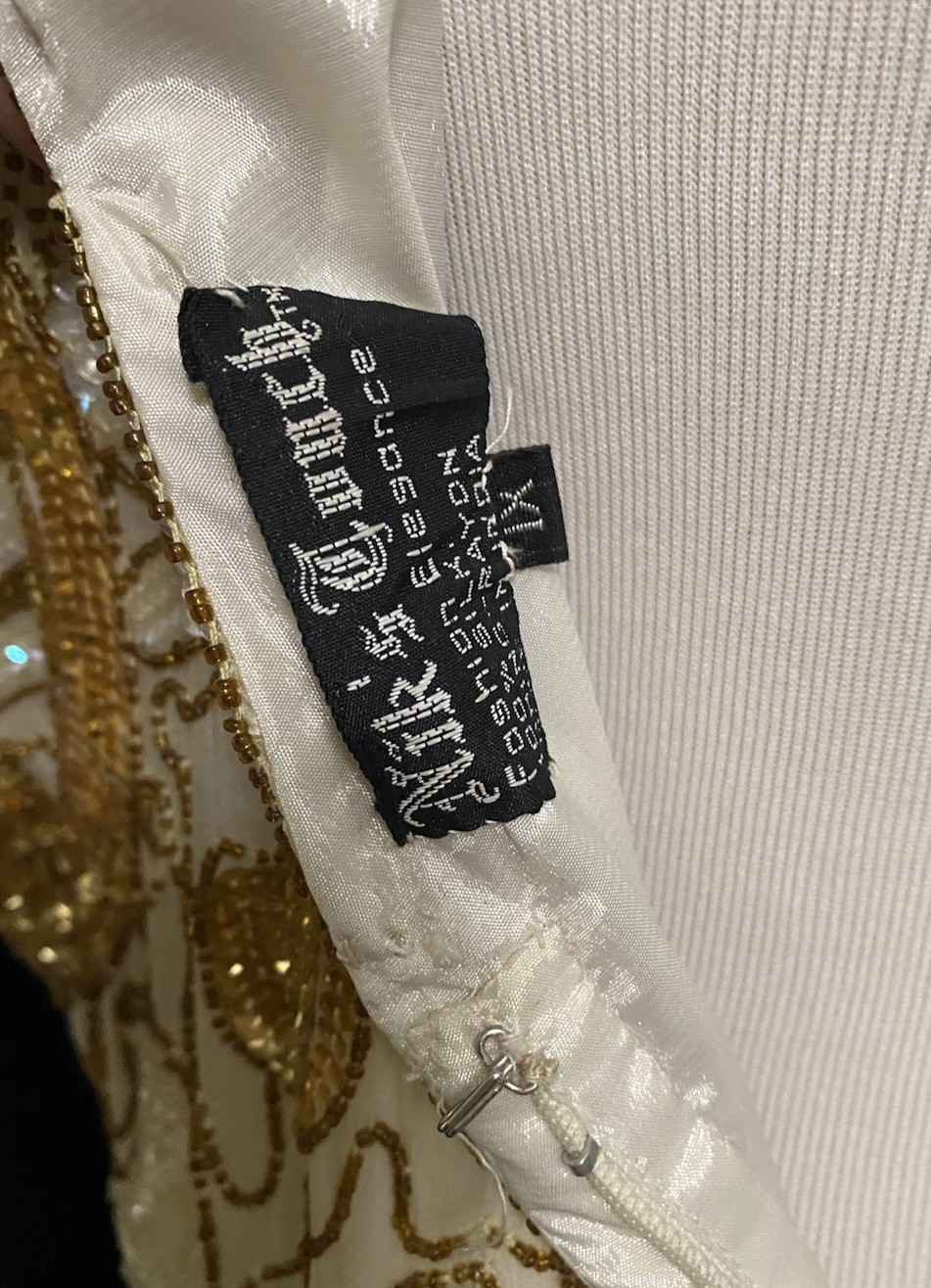 Vintage 1980s does 1920s Dress Flapper Style Heavily Beaded Silk Ivory Gold