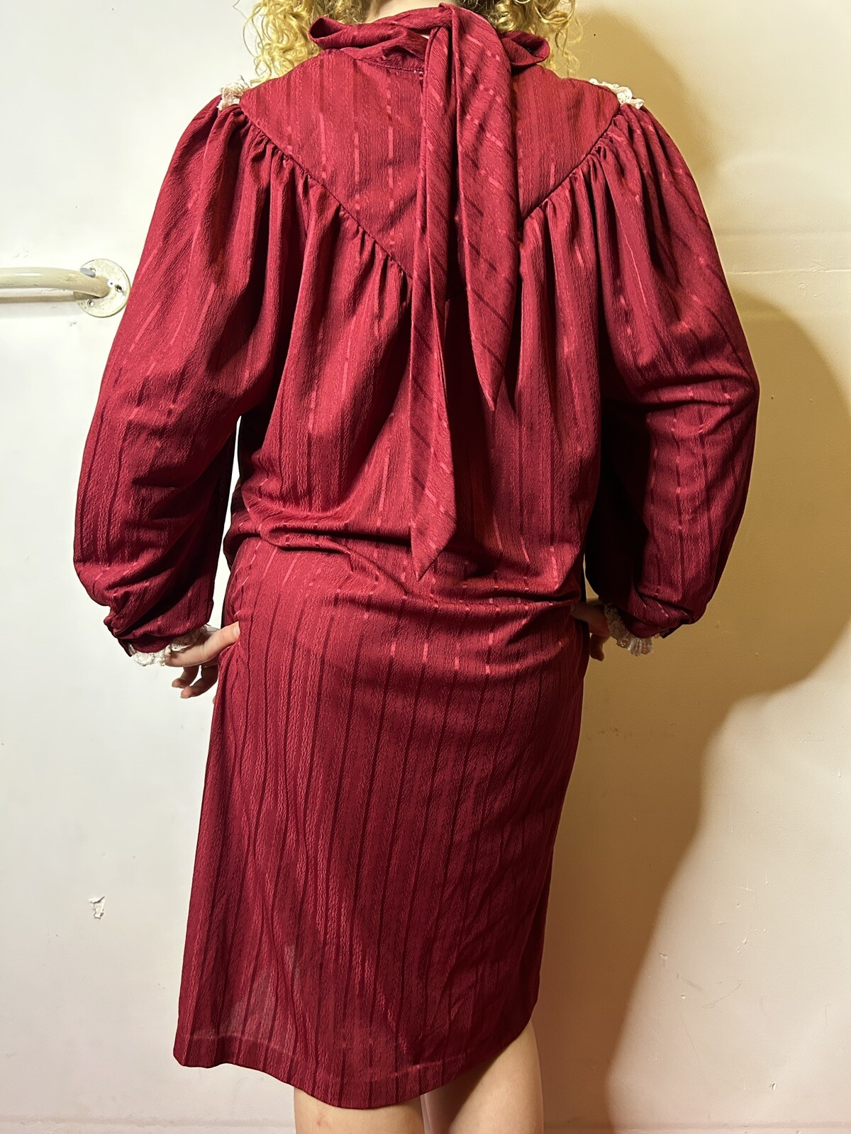 Vintage Australian ARC 80s Burgundy Midi Trapeze Dress Lace Yoke Pinstripe AU 14