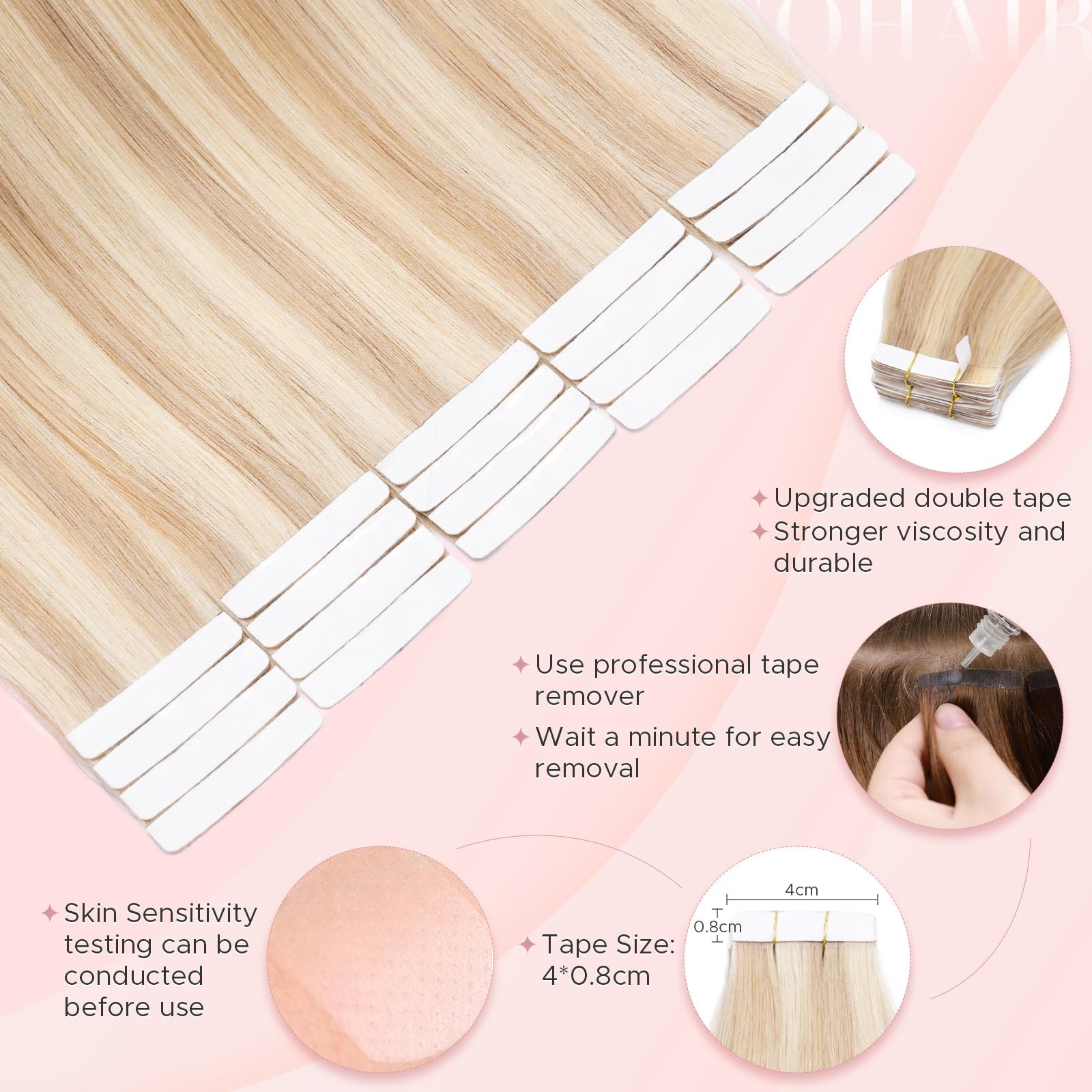 SEGOHAIR Human Hair Tape-In Extensions 20pcs 16in Light Blonde Bleach Remy Seaml