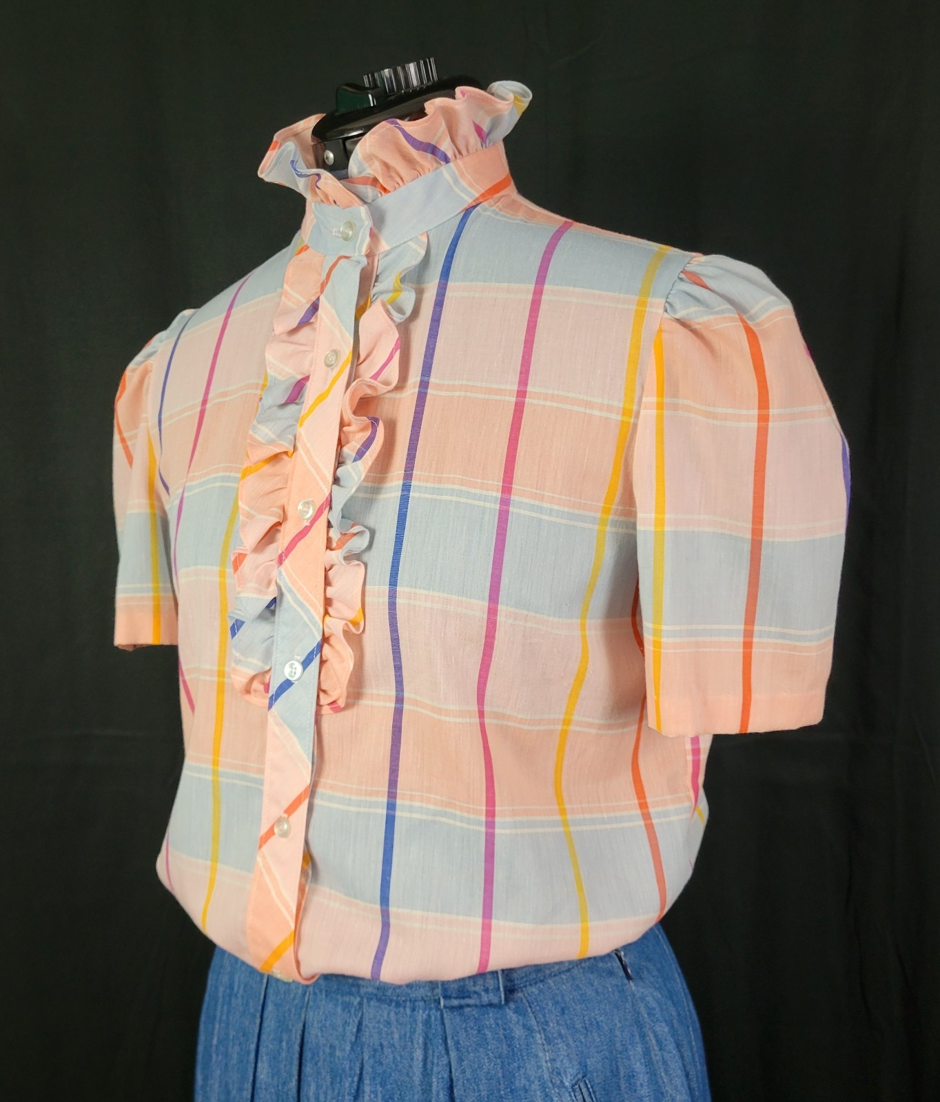 Vtg Lucky Winner Peach/Blue/Pink/Purple Plaid Top w Ruffled Collar Size 11/12
