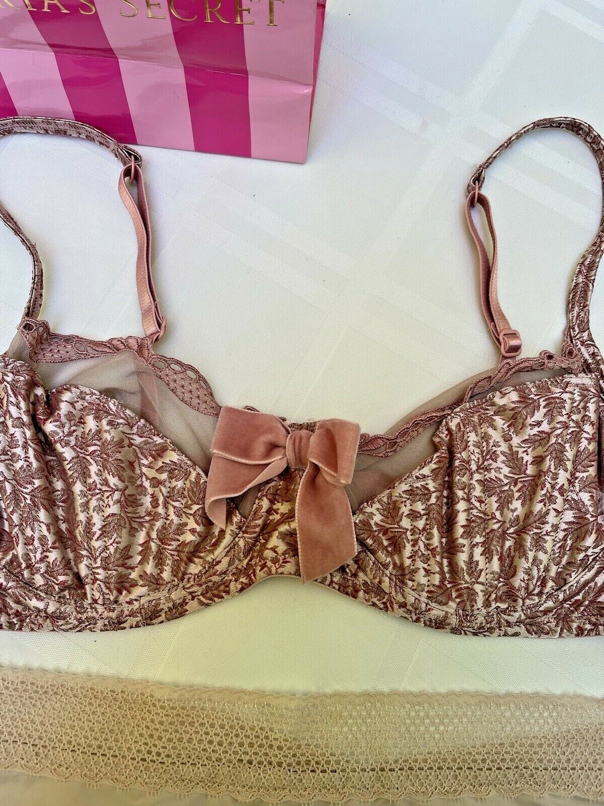 Vtg Victorias Secret Bra Satin Pink Brocade Textured Leaf Y2K + Free Panty M 36C