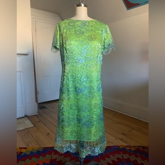 Vintage VERSACE Versus Couture Lime Green Iridescent Lace Shift Dress medium
