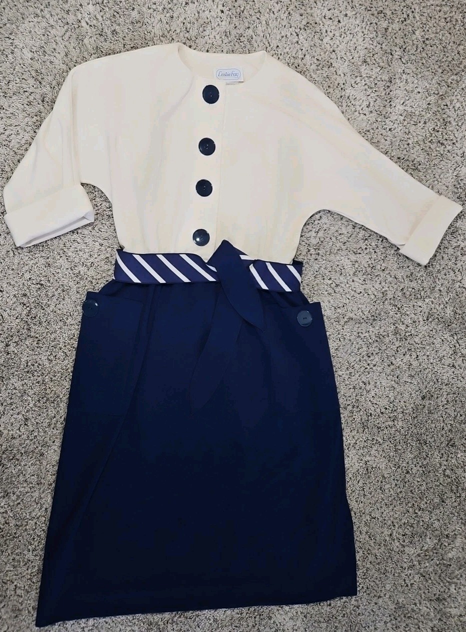 60s 70s Leslie Fay Dress Mod Blue White Buisness Secretary Side Pockets Size 12