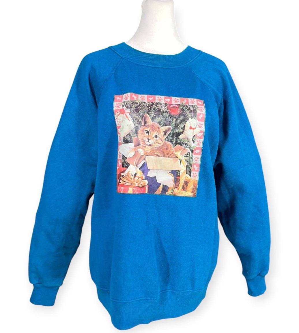 VTG 1989 KITTY CAT CHRISTMAS SWEAT SHIRT SWEATER GRANNY CORE HOLIDAYS NOSTALGIC