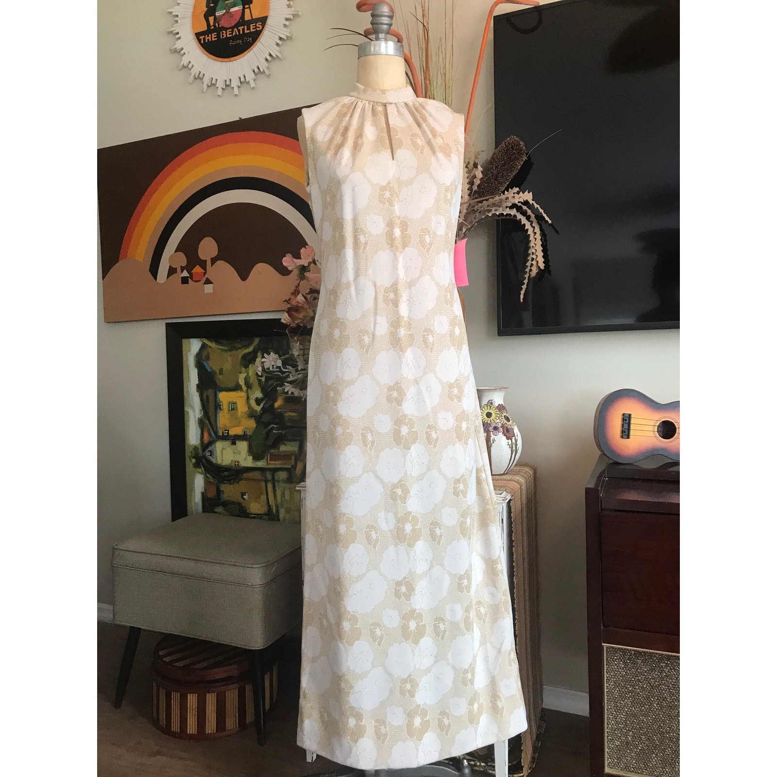 Vintage 1970s Jerrie Lurie Maxi Dress Gold Metallic Floral Mod Boho
