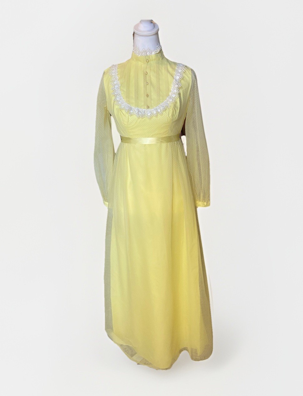 Vtg 70s Yellow Swiss Dot Prairie Dress Victorian Revival Empire Waist Small