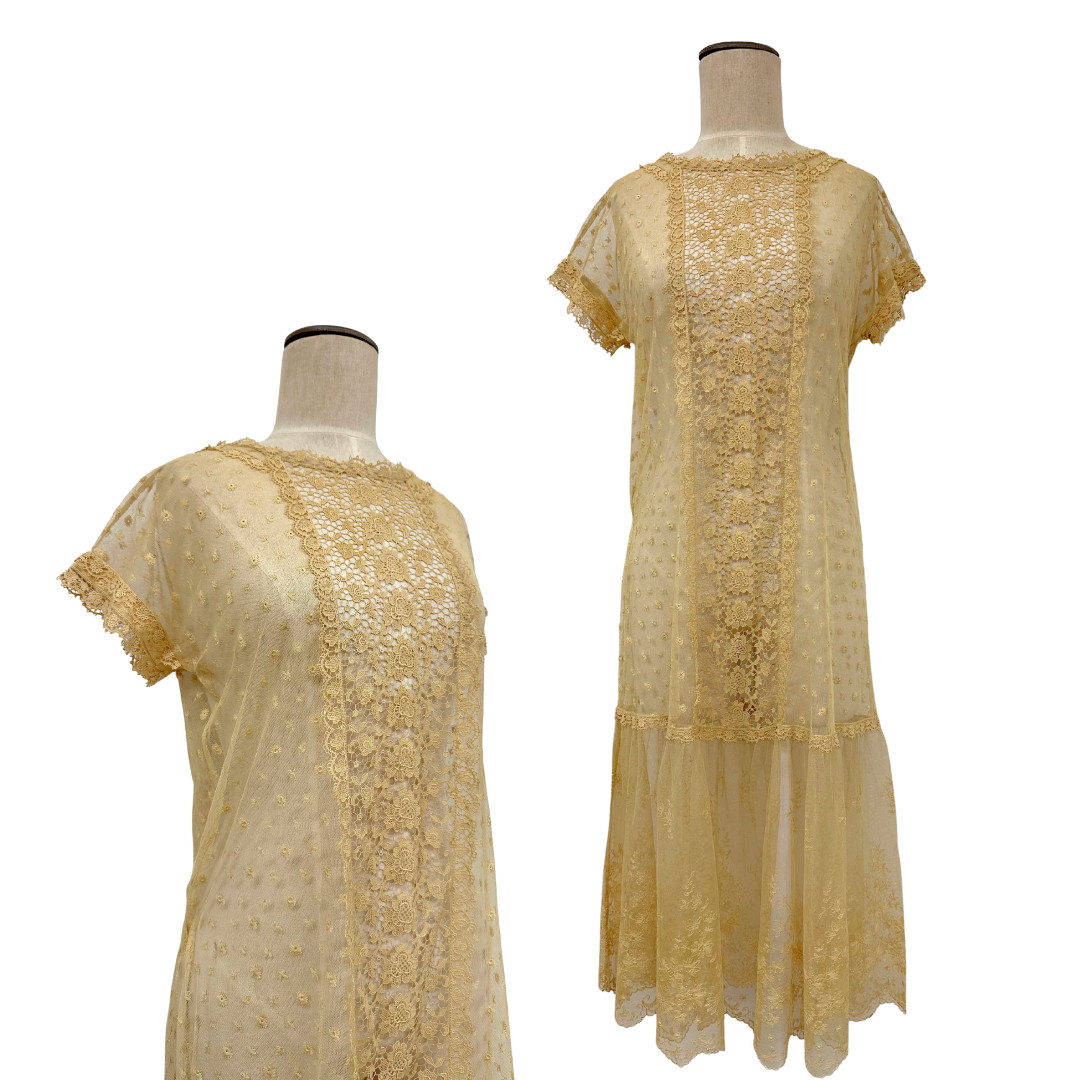 Antique 1900s Edwardian Ecru Net Lace Floral Short Sleeve Sheer Tea Dress