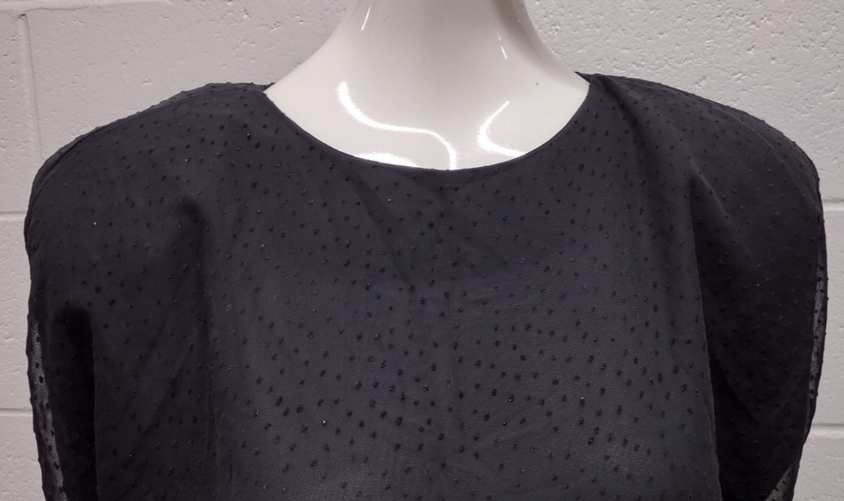 80s Batwing Sheer Chiffon Dress Black Flapper Scallop 80s Dolman Sleeves M/L