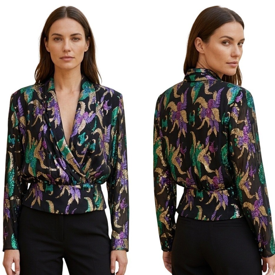 Vintage Anne Klein Black Metallic Abstract Blouse Purple Teal Gold Glam Top 80’s
