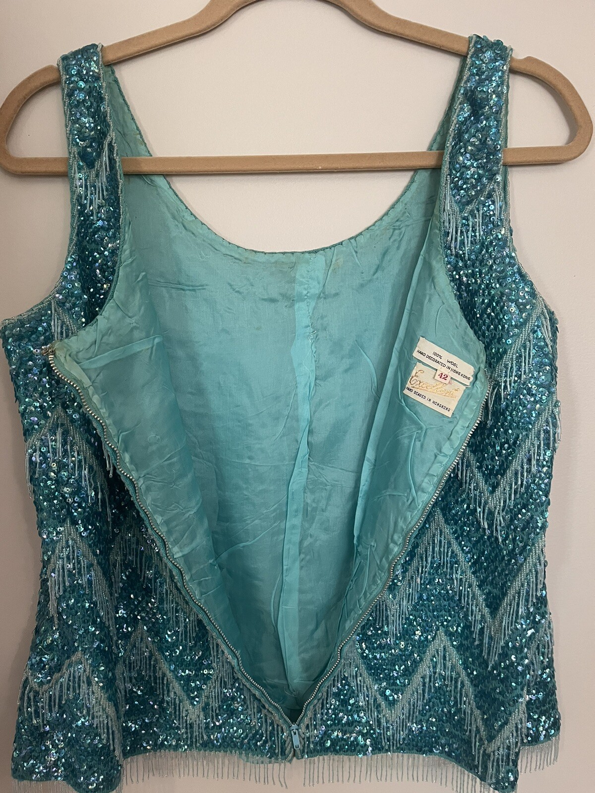Vintage 1960s Hand Beaded Turquoise Sequin Fringe Top Art Deco Gatsby Flapper