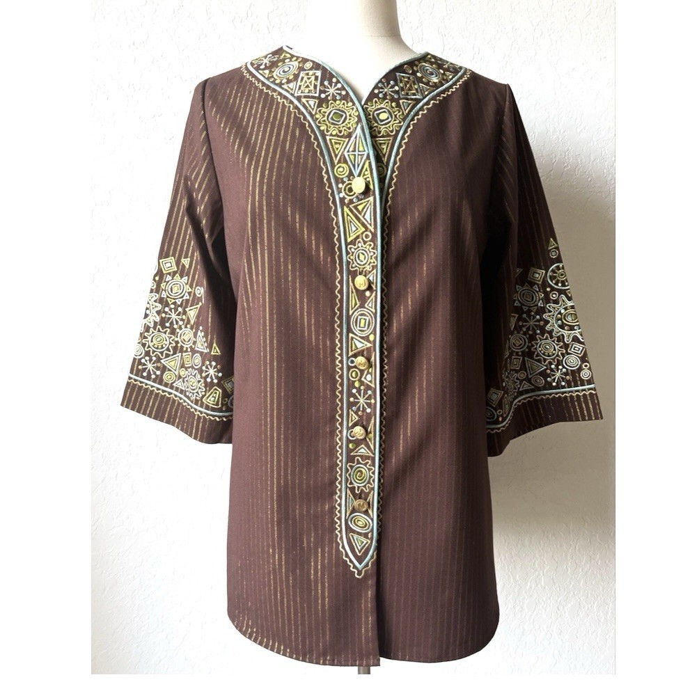 VTG Bob Mackie Wearable Art LARGE Brown Gold Embroidered Hippie 70’s Tunic Top