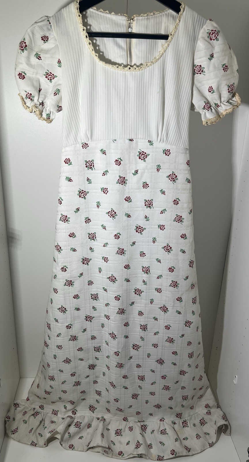 1970s Prairie Dress Floral Cotton Gauze Puff Sleeve Lace Empire Size 13 As Is