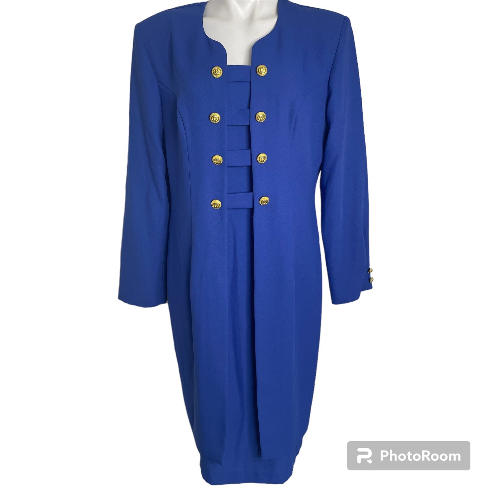 Vintage Les Modes Jolibel Dress 14 Royal Blue 1 Piece Mock Jacket Long Sleeve