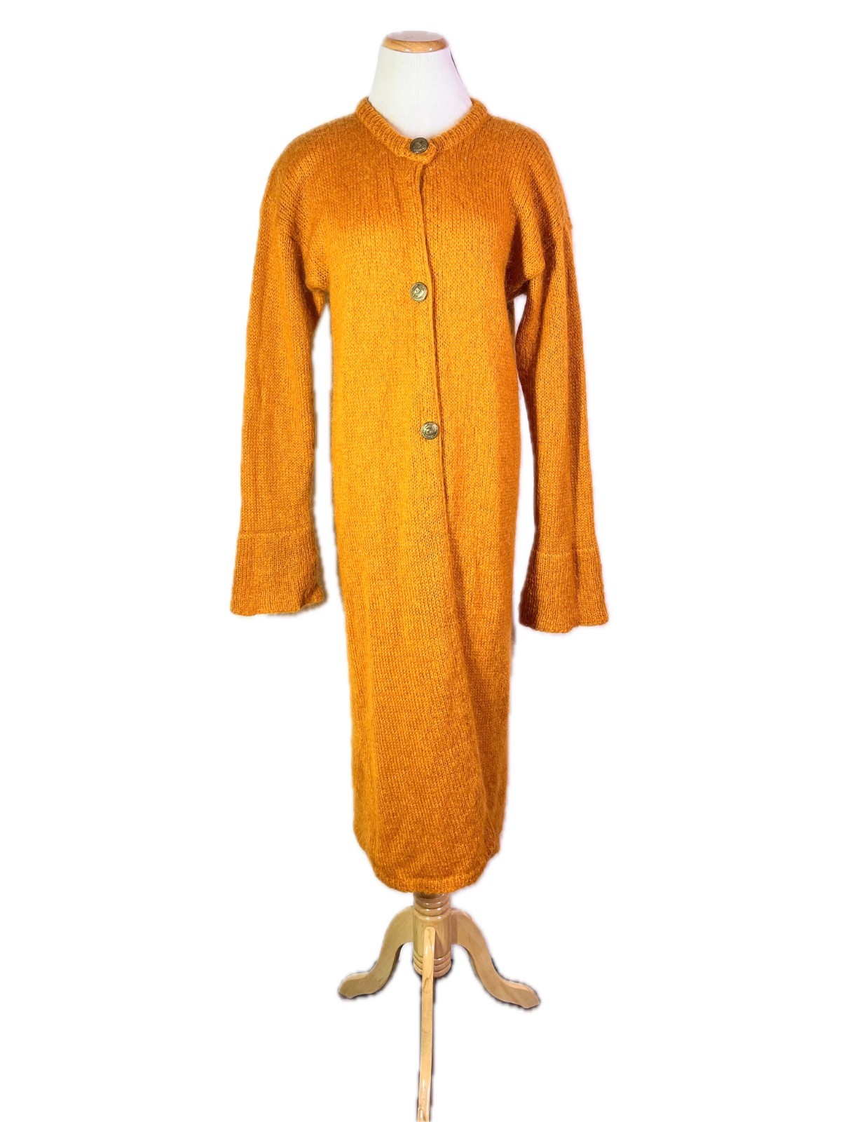 Vintage 1980s Accent Size L Golden Yellow Fuzzy Knit Duster Cardigan Coat Mohair