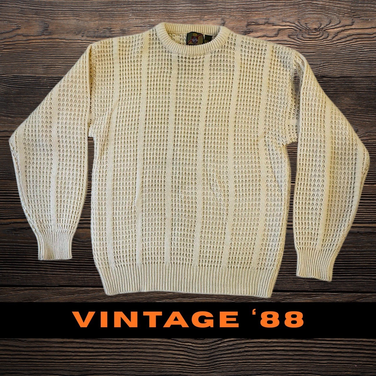 Vintage Saturdays Cream Knit Crew Neck Sweater Medium Acrylic Pullover 80s 1988