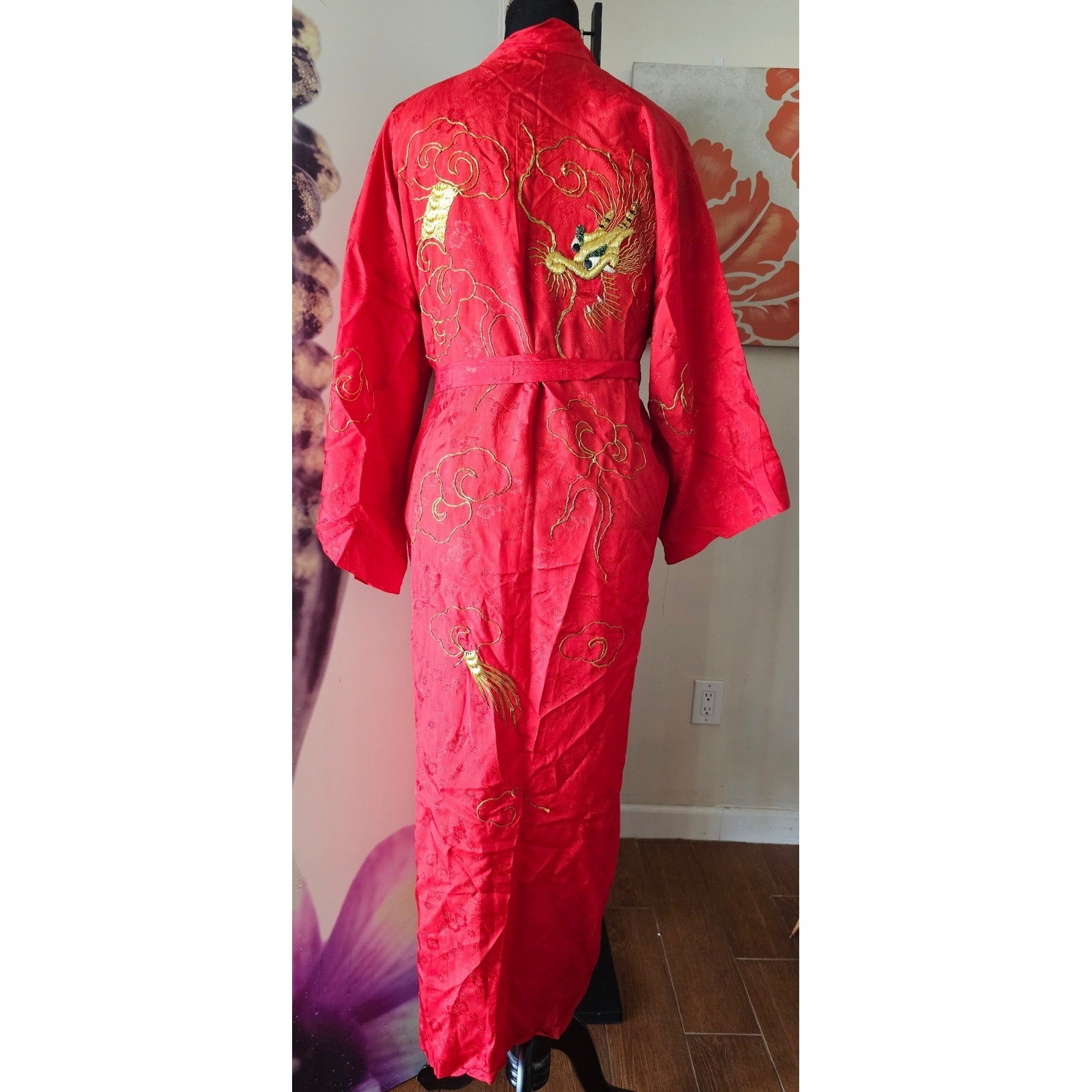 Vintage Red Satin Kimono Robe Gold Dragon Embroidery Long Loungewear Dress