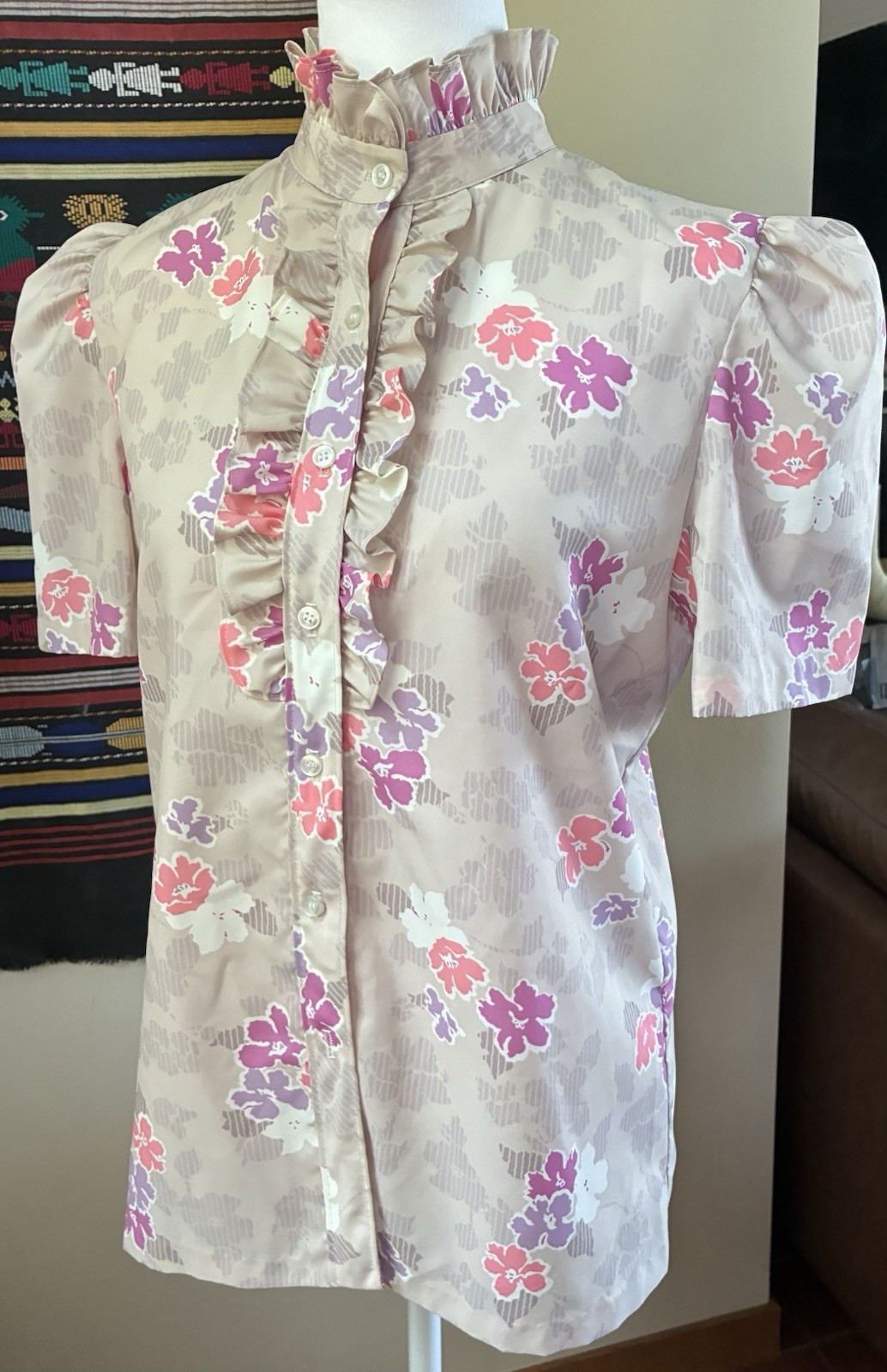 Vintage 80s Lucky Winner Ruffled High Neck Blouse Secretary Geek USA size M