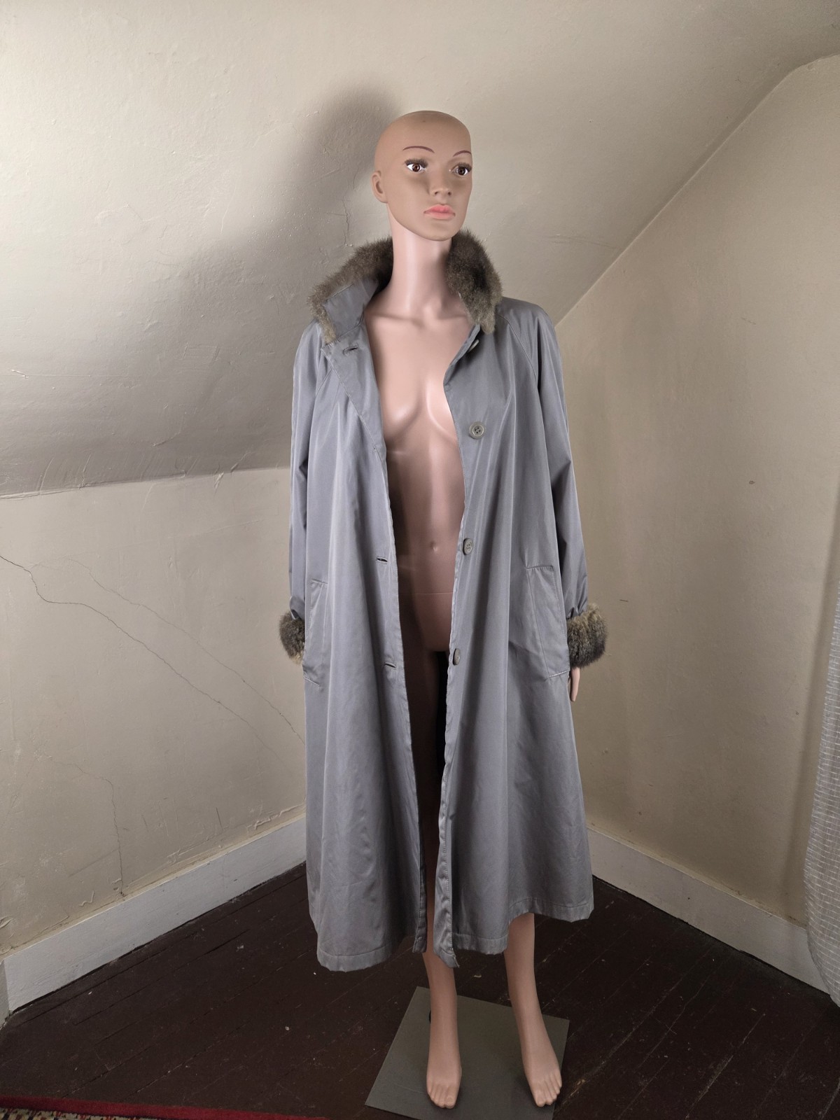 Vintage Bonnie Cashin for Russel Taylor Weatherwear Gray Fur Trim Coat USA Sz 10