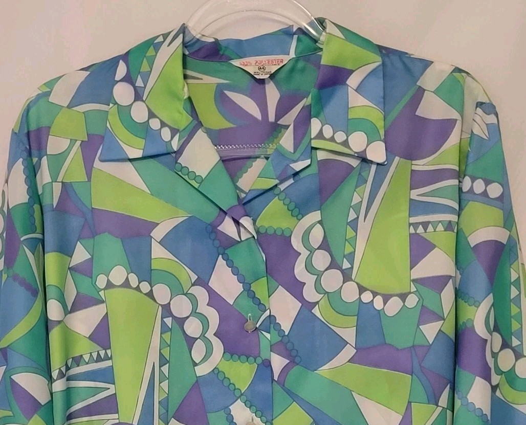 VTG 70s Wmn’s Blue Purple Green Geometric Mod Retro Satin Button Up Blouse Sz 18