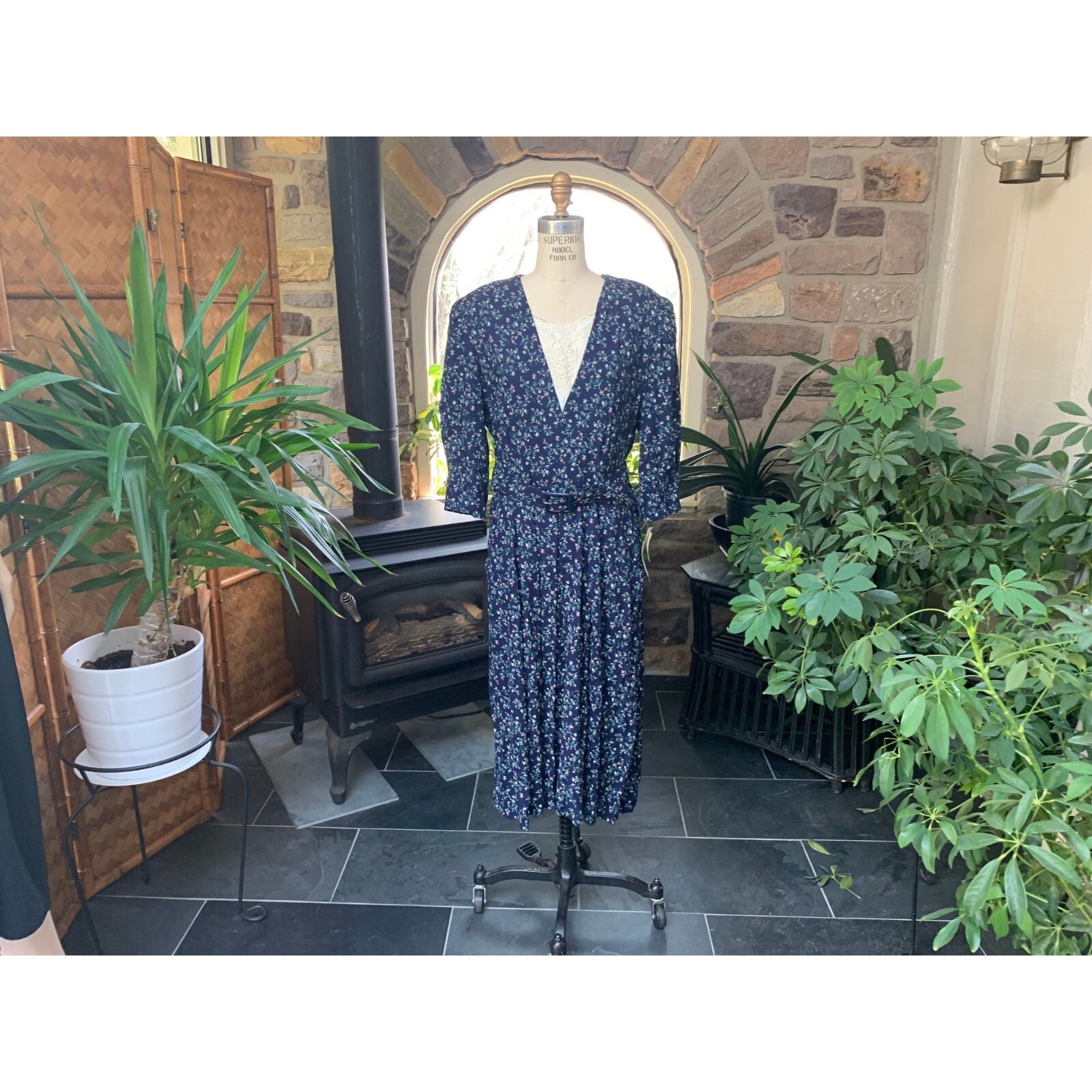 Vintage 1980s Navy Blue Flower Ivory Lace Insert Dress Peri Petites NOS with Tag