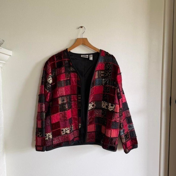 Chico’s Design Red Patchwork Silk Blend Open Front Jacket Boho Vintage Style